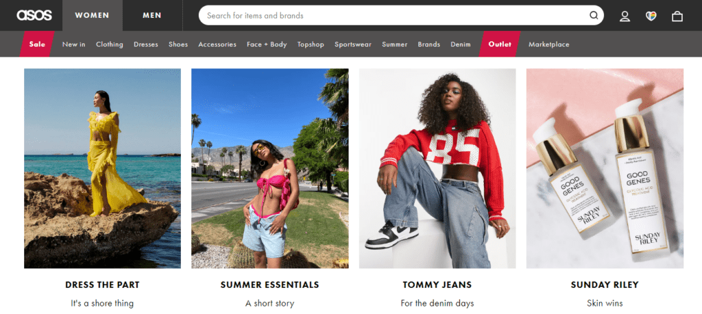 ASOS website trendy and visually appealing